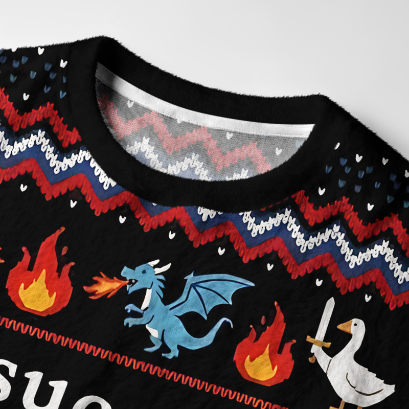 Tokyo-Tiger Funny Warrior Goose Riding Dragon Meme Fuzzy Christmas Ugly Sweatshirt