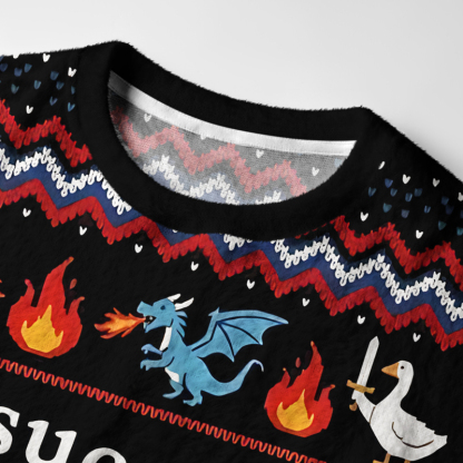 Tokyo-Tiger Funny Warrior Goose Riding Dragon Meme Fuzzy Christmas Ugly Sweatshirt