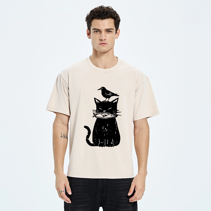 Tokyo-Tiger Black Cat With Fish And Bird Washed T-Shirt