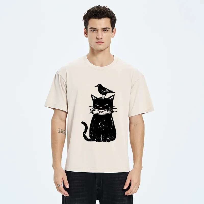 Tokyo-Tiger Black Cat With Fish And Bird Washed T-Shirt