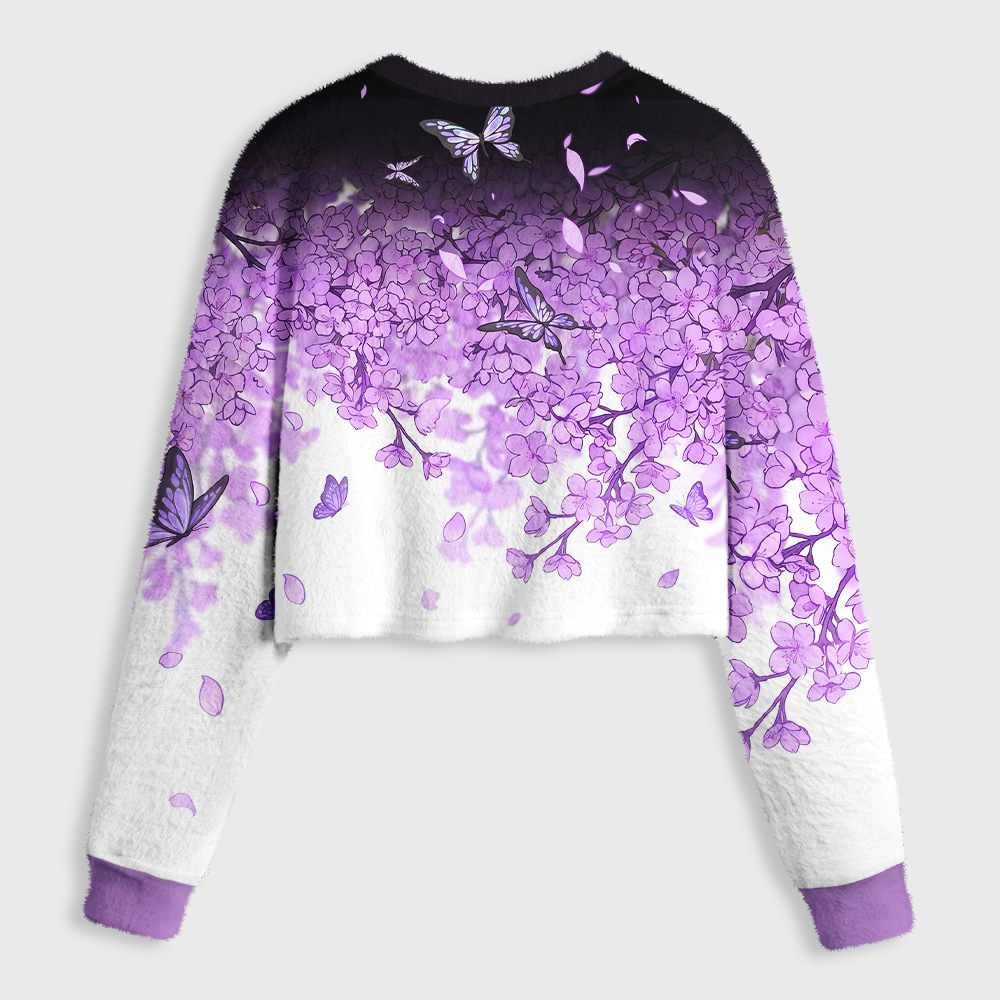 Tokyo-Tiger Purple Cherry Blossom Butterfly Women's Fuzzy Cropped Sweatshirt