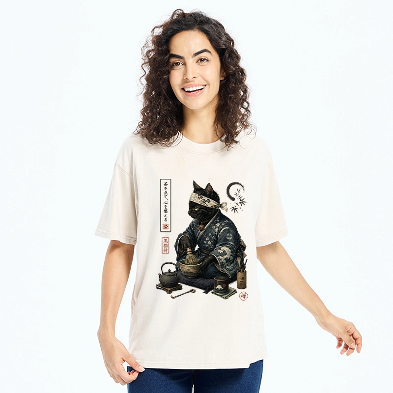Tokyo-Tiger Samurai Cat Makes Matcha Tea Art Washed T-Shirt