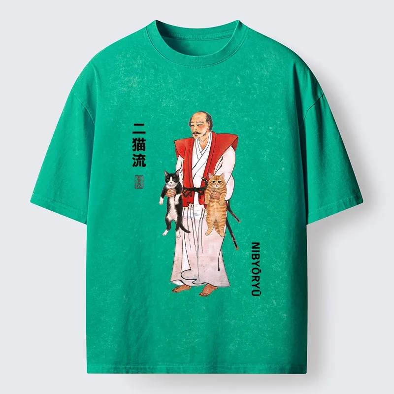 Tokyo‑Tiger Two Cat Samurai Vibe Washed T‑Shirt