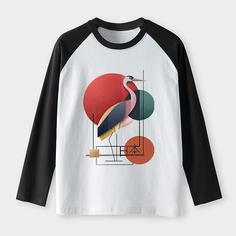 Tokyo-Tiger Geometric Crane Art Raglan Long Sleeve T-shirt