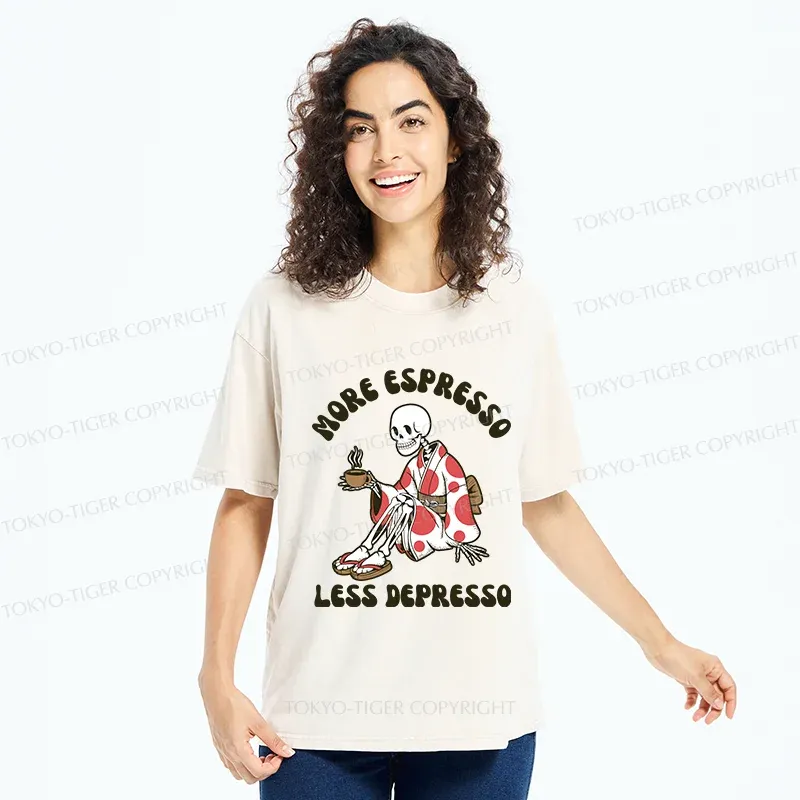 Tokyo-Tiger Skeleton Drinking Coffee Washed T-Shirt