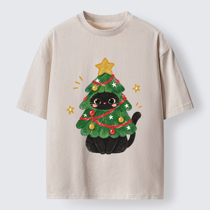 Tokyo-Tiger Christmas Tree Black Cat Washed T-Shirt