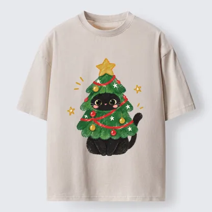Tokyo-Tiger Christmas Tree Black Cat Washed T-Shirt