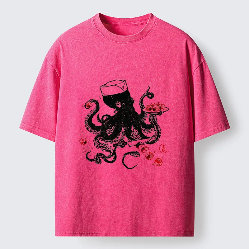 Tokyo-Tiger Octopus Making Sushi Funny Meme Washed T-Shirt