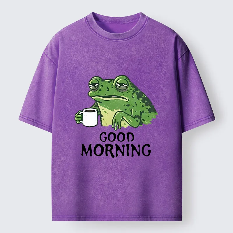 Tokyo‑Tiger Morning Coffee Frog Meme Washed T‑Shirt Sale