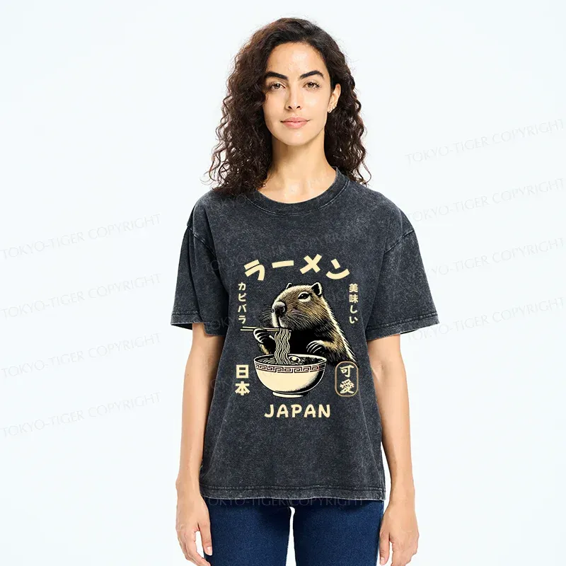 Tokyo-Tiger Retro Capybara Eating Ramen Washed T-Shirt
