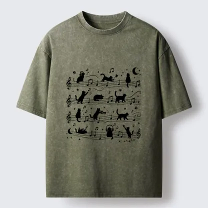 Tokyo-Tiger Music Staff Cats Funny Meme Washed T-Shirt