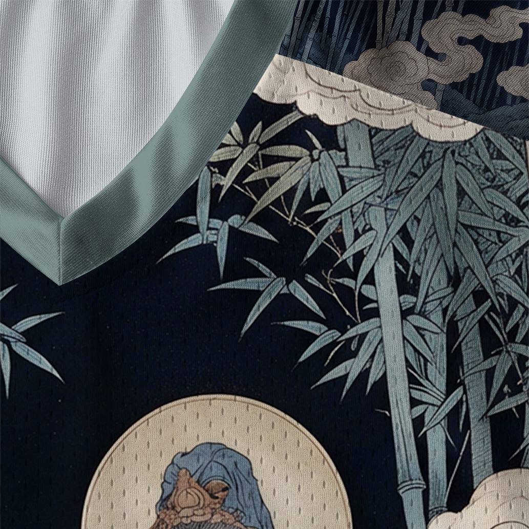 Tokyo-Tiger Vintage Oriental Guanyin Tiger Bamboo Zen Paneled Long Sleeve Jersey
