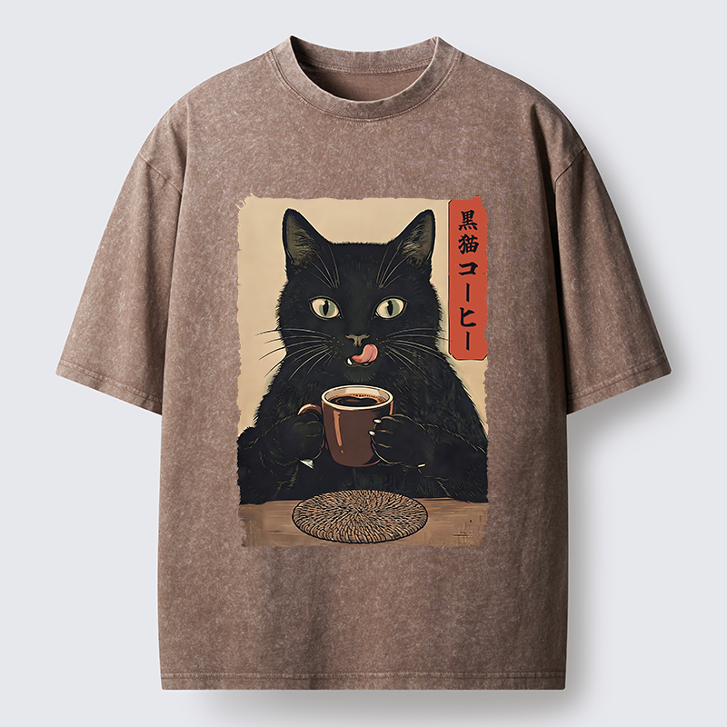 Tokyo-Tiger Vintage Black Cat Coffee Art Washed T-Shirt