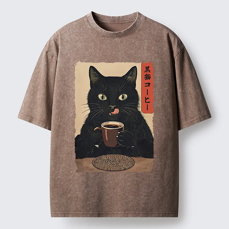 Tokyo‑Tiger Vintage Black Cat Coffee Art Washed T‑Shirt Sale
