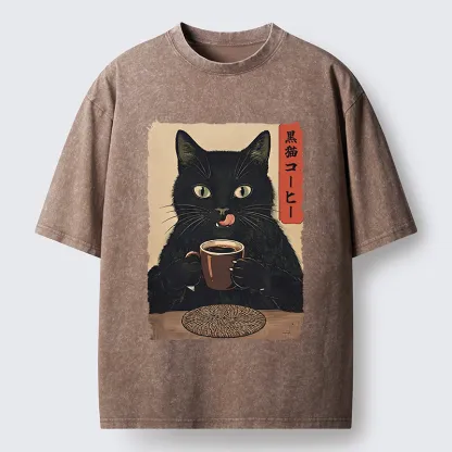 Tokyo-Tiger Vintage Black Cat Coffee Art Washed T-Shirt