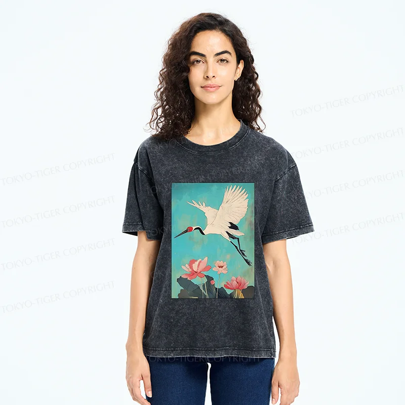 Tokyo-Tiger Crane And Lotus Japan Washed T-Shirt