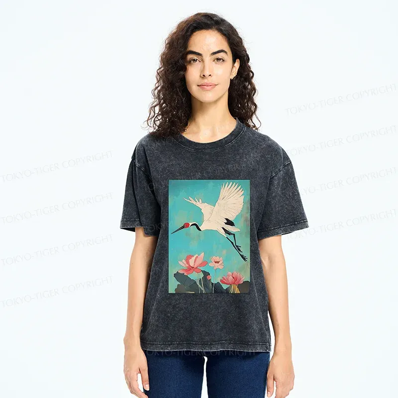 Tokyo-Tiger Crane And Lotus Japan Washed T-Shirt