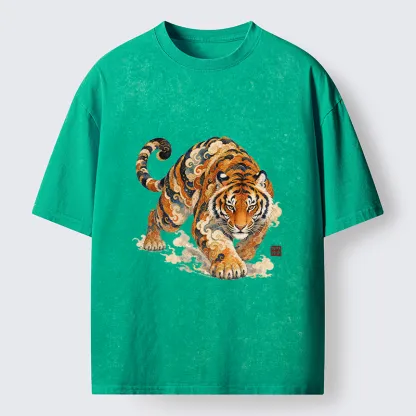 Tokyo-Tiger Vintage Cloud Tiger Print Washed T-Shirt