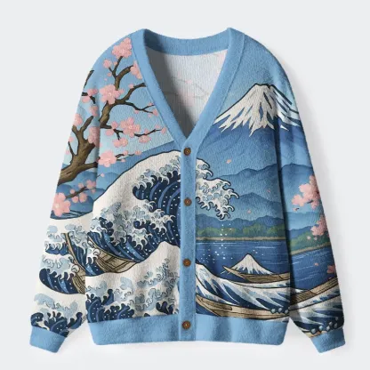 Tokyo-Tiger Waves Under Mount Fuji Ugly Cardigan Sweater