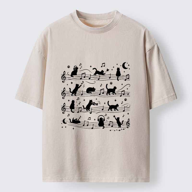 Tokyo-Tiger Music Staff Cats Funny Meme Washed T-Shirt