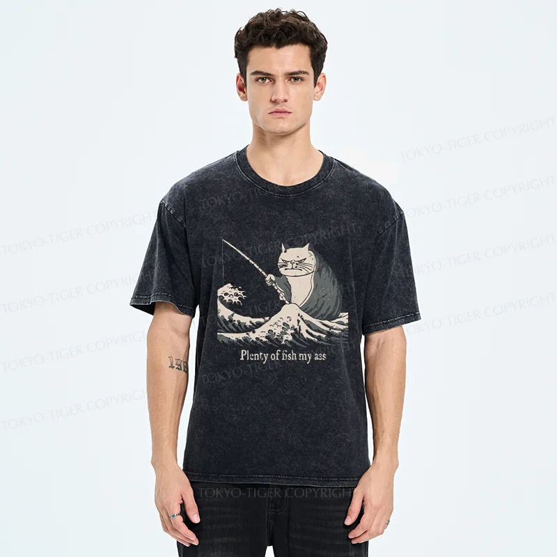 Tokyo-Tiger Kitten Fishing Funny Washed T-Shirt