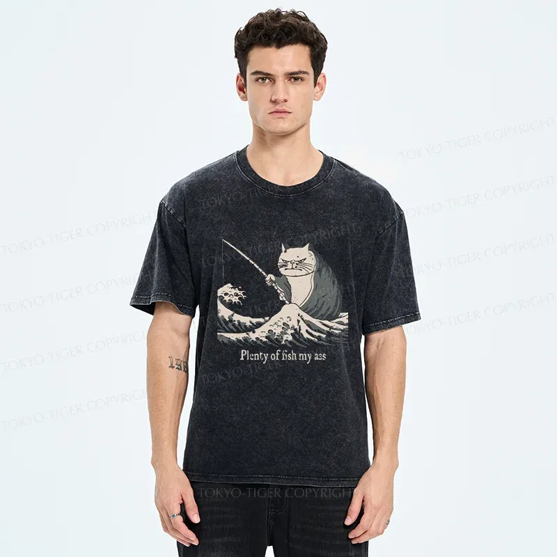 Tokyo-Tiger Kitten Fishing Funny Washed T-Shirt