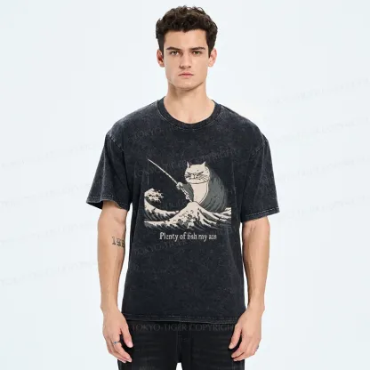 Tokyo-Tiger Kitten Fishing Funny Washed T-Shirt