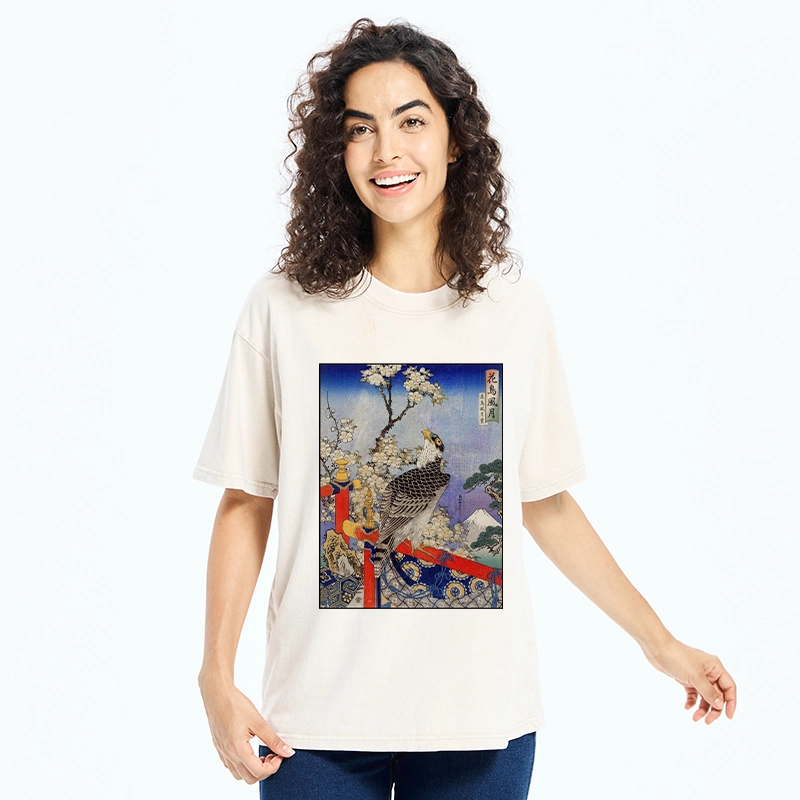 Tokyo-Tiger Sakura, Eagle And Mount Fuji In Ukiyo-E Washed T-Shirt