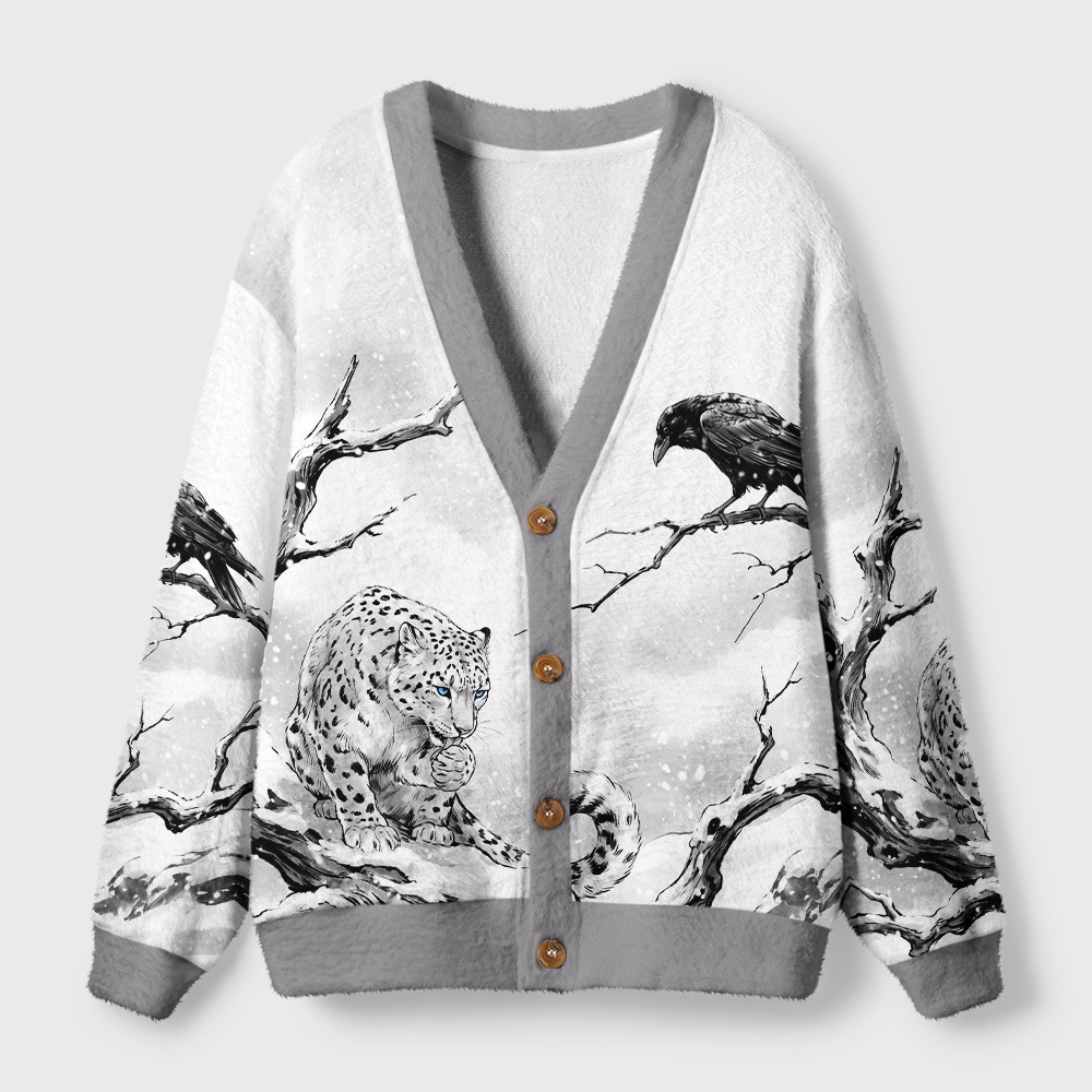 Tokyo-Tiger Snow Leopard Of Winter Grove Ugly Cardigan Sweater