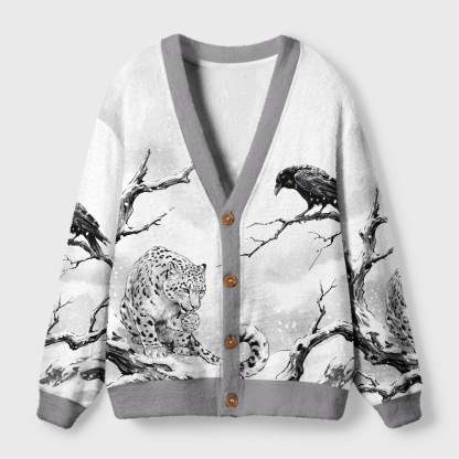 Tokyo-Tiger Snow Leopard Of Winter Grove Ugly Cardigan Sweater