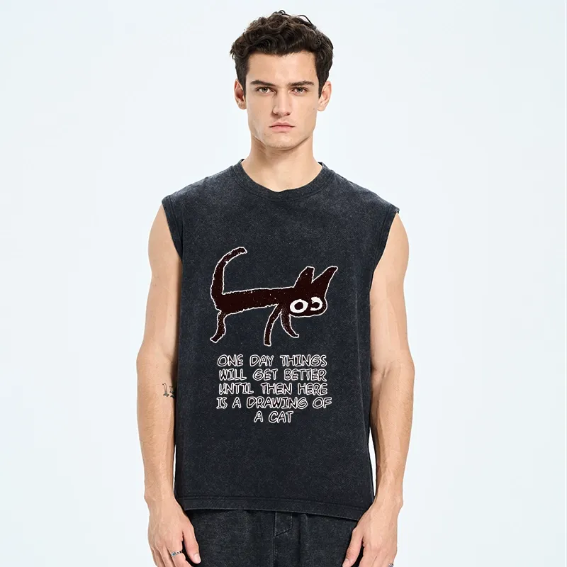 Tokyo-Tiger Cat Cheer Up Drawing Washed Tank