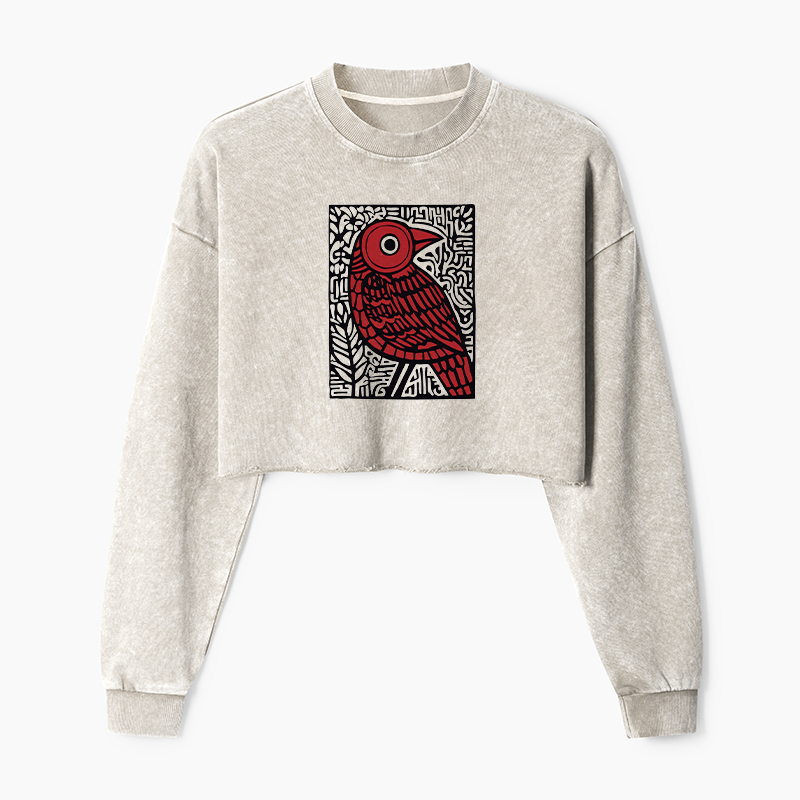 Tokyo-Tiger Retro Woodblock Bird Washed Crop Sweatshirt