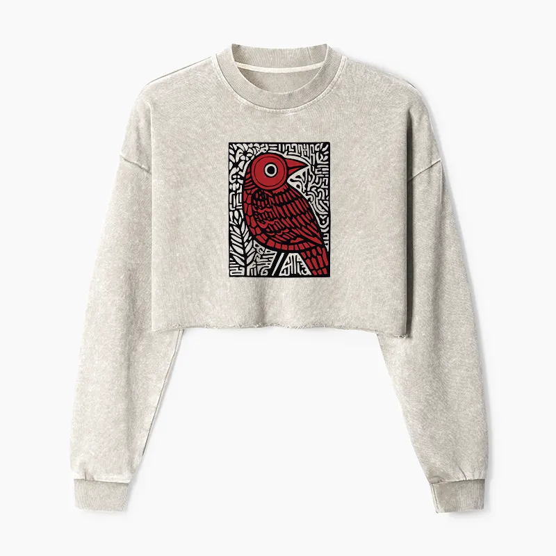 Tokyo-Tiger Retro Woodblock Bird Washed Crop Sweatshirt