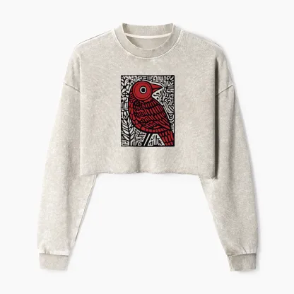 Tokyo-Tiger Retro Woodblock Bird Washed Crop Sweatshirt