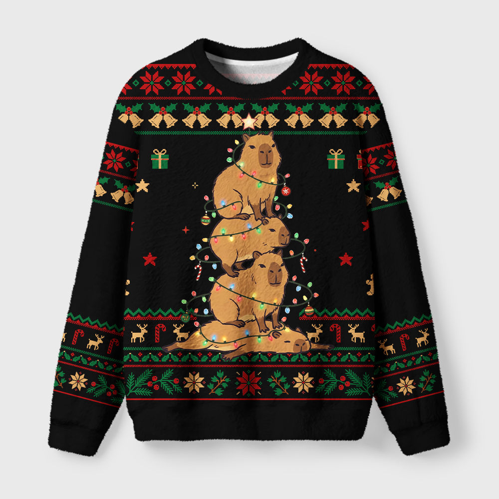 Tokyo-Tiger Chill Stack Capybara Meme Fuzzy Christmas Ugly Sweatshirt