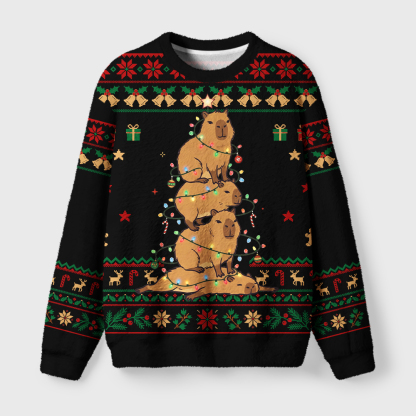 Tokyo-Tiger Chill Stack Capybara Meme Fuzzy Christmas Ugly Sweatshirt