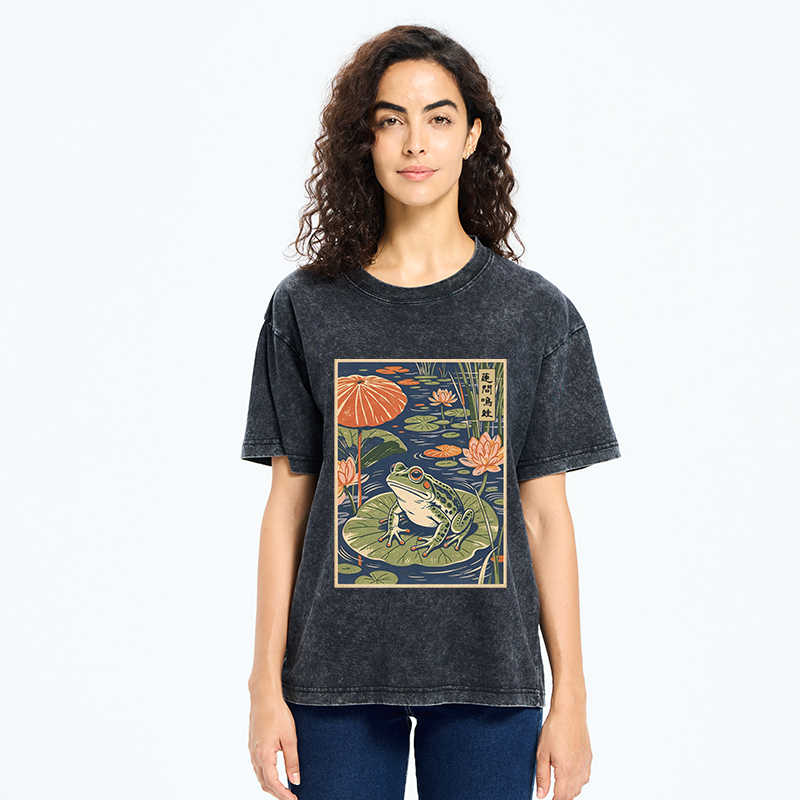 Tokyo-Tiger Frog In Lotus Pond Washed T-Shirt