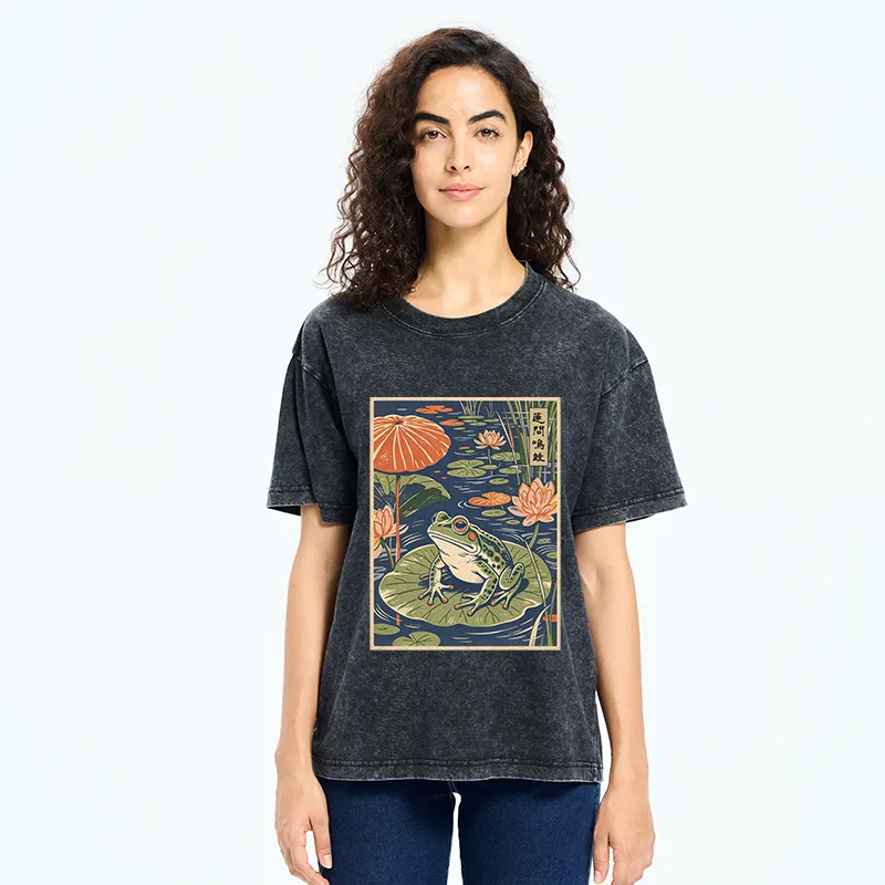 Tokyo-Tiger Frog In Lotus Pond Washed T-Shirt