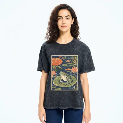 Tokyo-Tiger Frog In Lotus Pond Washed T-Shirt