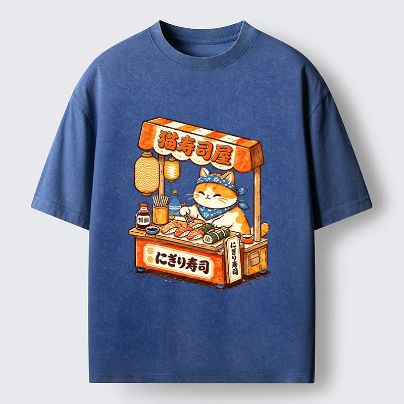 Tokyo-Tiger Cute Cat Running A Sushi Stall Washed T-Shirt