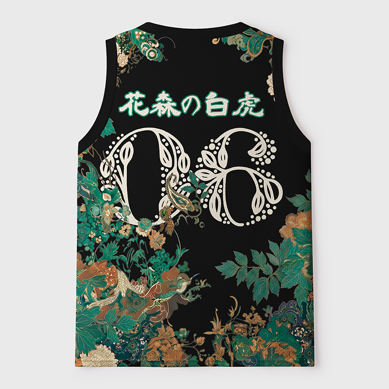 Tokyo-Tiger White Tiger In Emerald Florals Mesh Tank Top