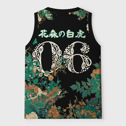 Tokyo-Tiger White Tiger In Emerald Florals Mesh Tank Top