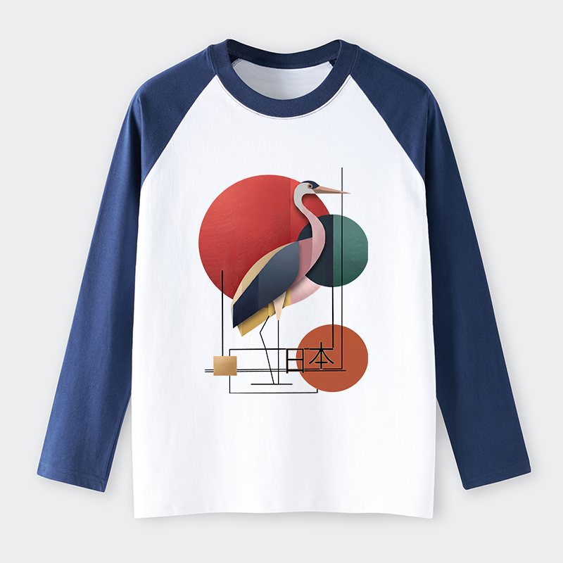 Tokyo-Tiger Geometric Crane Art Raglan Long Sleeve T-shirt