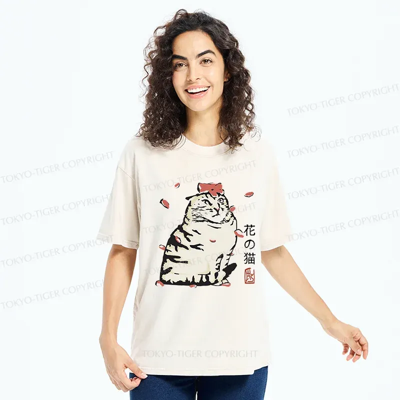 Tokyo-Tiger Cat And Sakura Washed T-Shirt