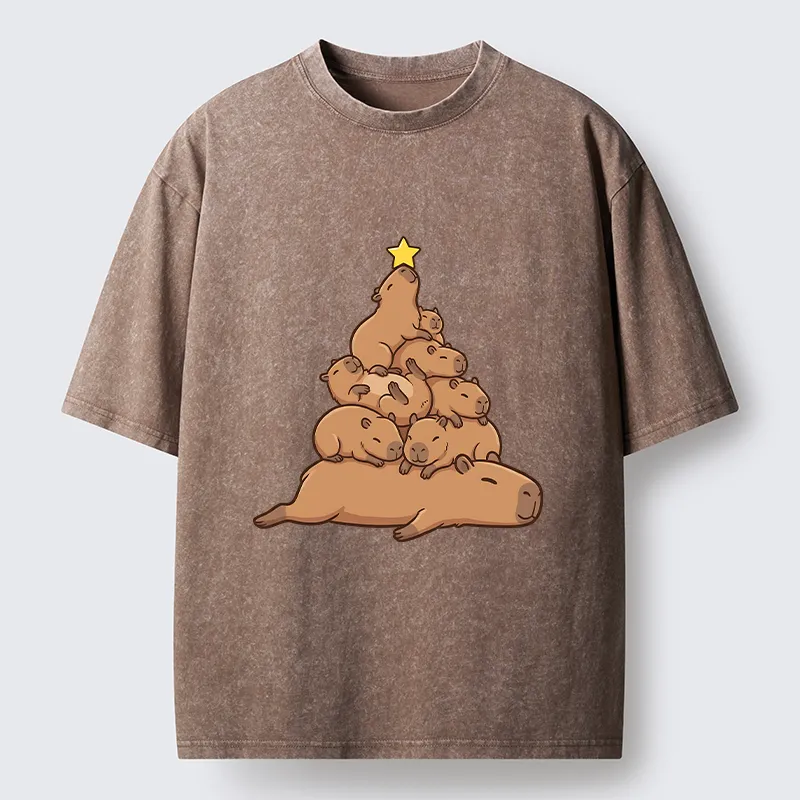 Tokyo-Tiger Funny Stacked Capybara Christmas Tree Washed T-Shirt