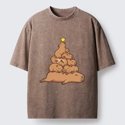 Tokyo-Tiger Funny Stacked Capybara Christmas Tree Washed T-Shirt