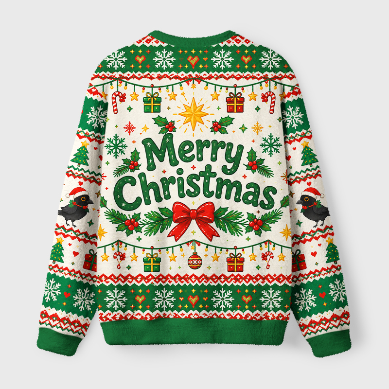 Tokyo-Tiger Crow Stacked Christmas Tree Fuzzy Christmas Ugly Sweatshirt