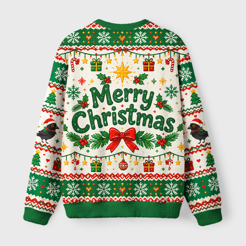 Tokyo-Tiger Crow Stacked Christmas Tree Fuzzy Christmas Ugly Sweatshirt