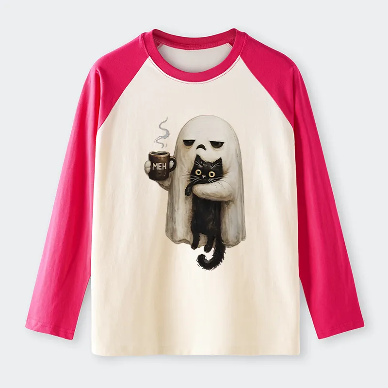 Tokyo-Tiger Ghost Cat Coffee Mood Raglan Long Sleeve T-shirt