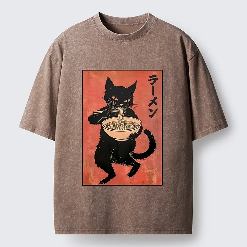 Tokyo‑Tiger Retro Cat Ramen Washed T‑Shirt